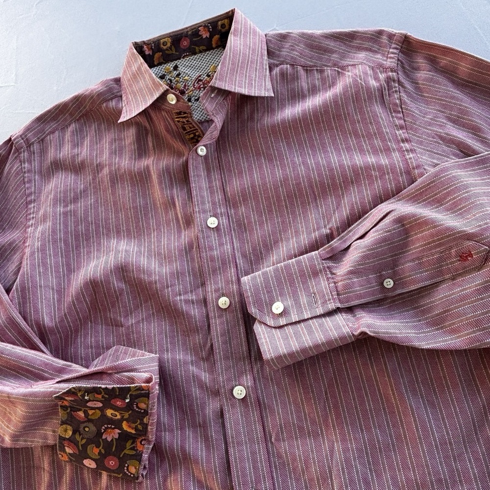Robert Graham Mens L Long Sleeve Button Shirt Pink Stripe Floral Trim India